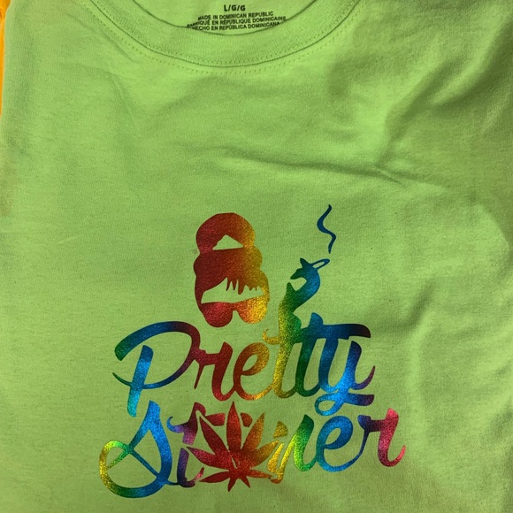 Hanes Tops - Green tee with rainbow vinyl holographic print